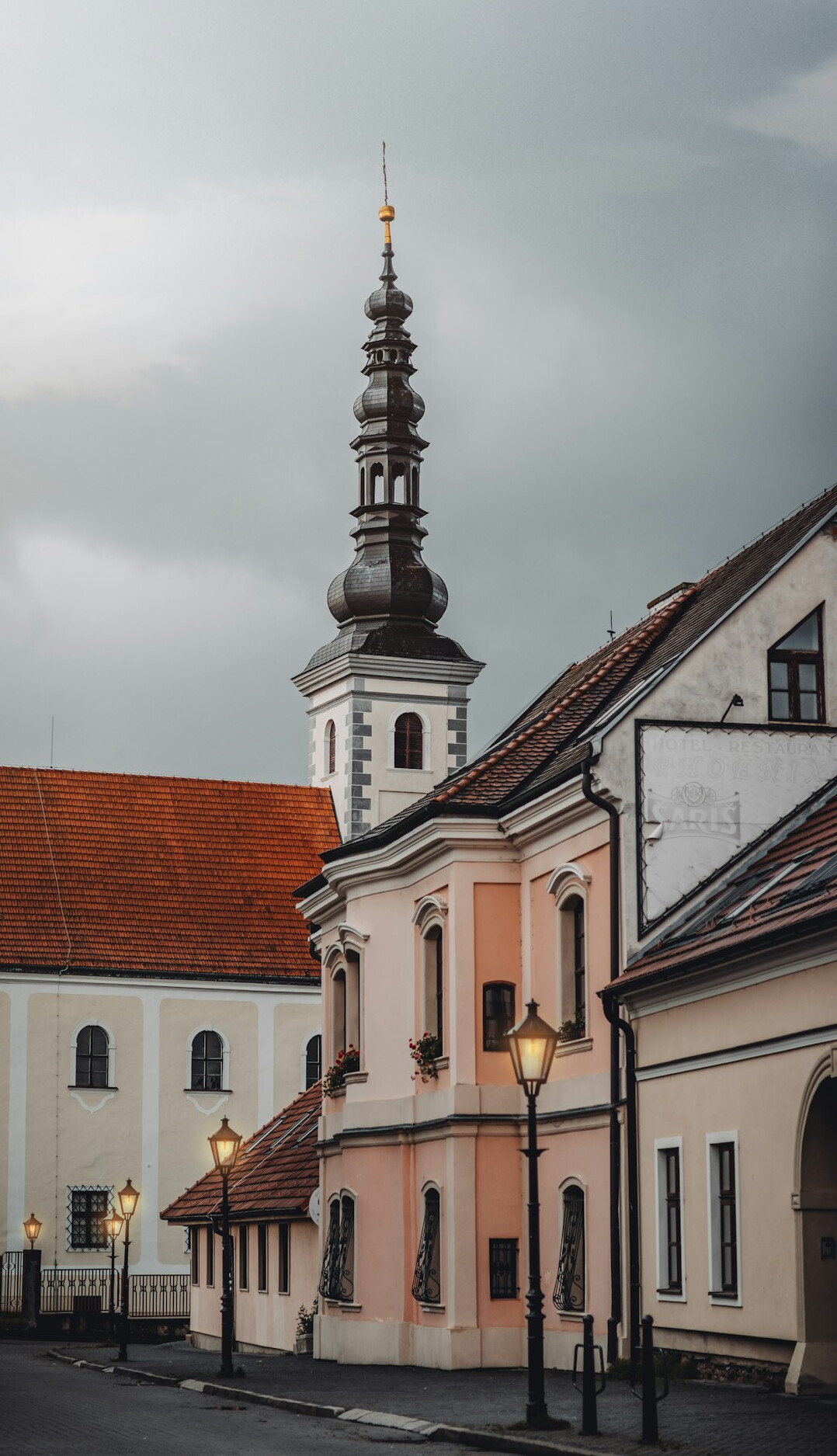 Historic European old town with colorful townhouses and a church tower